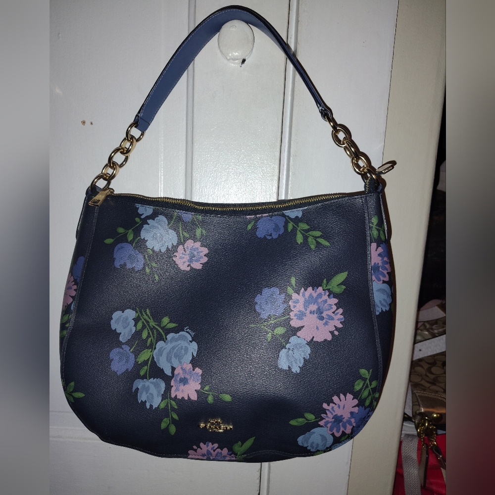 Coach Navy Floral Leather Hobo Bag